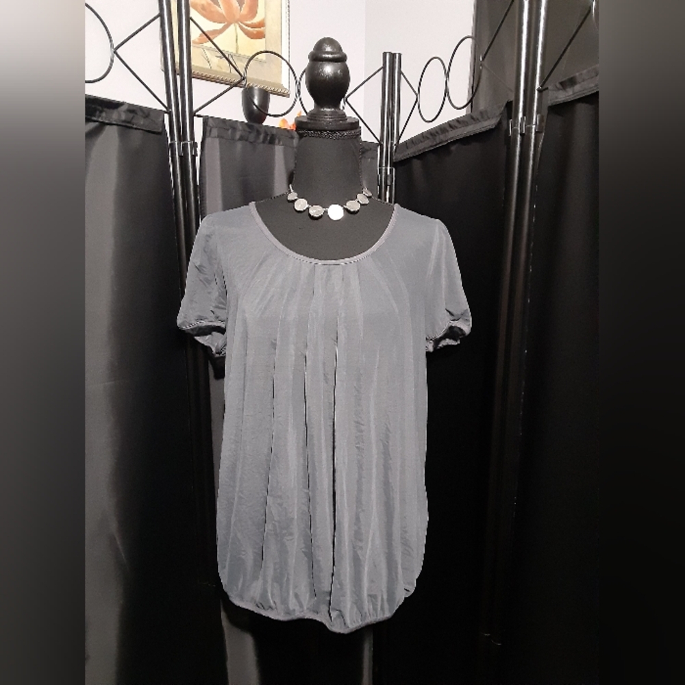 Three Dots Elegant Gray Women's Pleated Sheer Top Blouse Women's Size Large